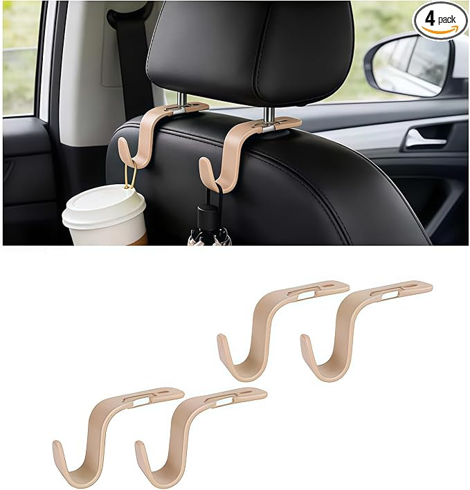 4PCS Car Seat Headrest Hook, Multi-Purpose Seat Back Hanger Purse Bag Handbag Organizer, Auto Interior Backseat Storage Hook Holder for Coat Hat Grocery Umbrella, Universal Fit (Beige)