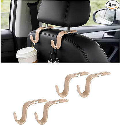 4PCS Car Seat Headrest Hook, Multi-Purpose Seat Back Hanger Purse Bag Handbag Organizer, Auto Interior Backseat Storage Hook Holder for Coat Hat Grocery Umbrella, Universal Fit (Beige)