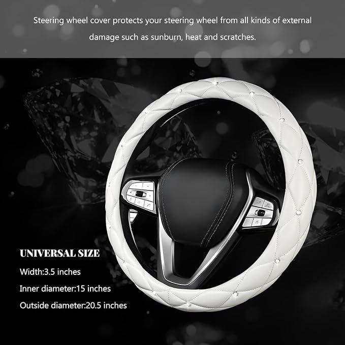 Bling Car Steering Wheel Cover, 15 Inch Diamond Leather Anti-Slip Auto Steering Wheel Protector, Cute Sparkly Rhinestones Wheels Cover Automotive Decoration for Women Girl (White)