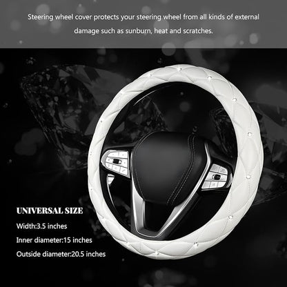 Bling Car Steering Wheel Cover, 15 Inch Diamond Leather Anti-Slip Auto Steering Wheel Protector, Cute Sparkly Rhinestones Wheels Cover Automotive Decoration for Women Girl (White)