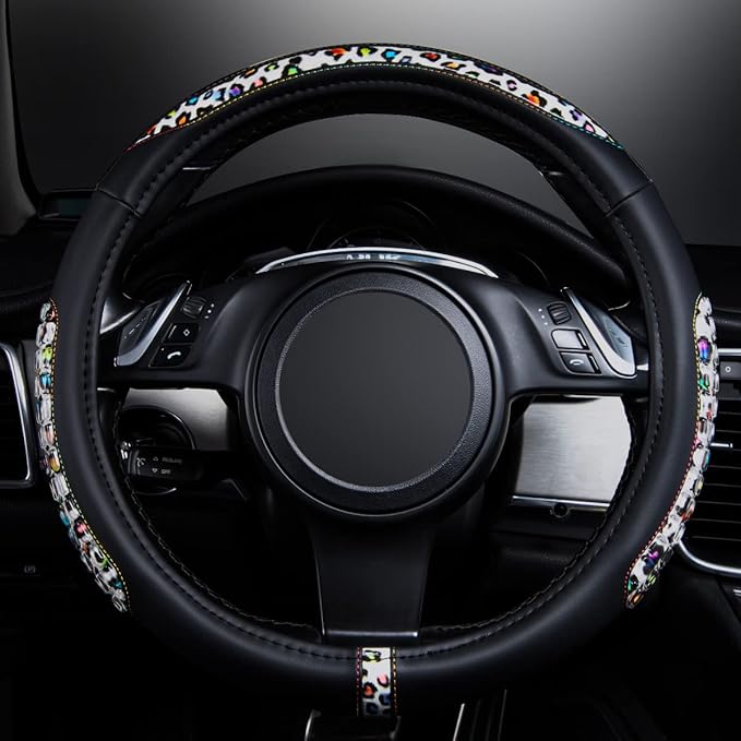 Flying Banner car Steering Wheel Cover Gel Massage Velvet Cool Warm Universal Size 15 inches SUV Truck Anti Slip Odorless Summer Winter (Black Leopard, Gel Massage)