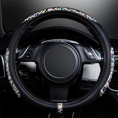 Flying Banner car Steering Wheel Cover Gel Massage Velvet Cool Warm Universal Size 15 inches SUV Truck Anti Slip Odorless Summer Winter (Black Leopard, Gel Massage)