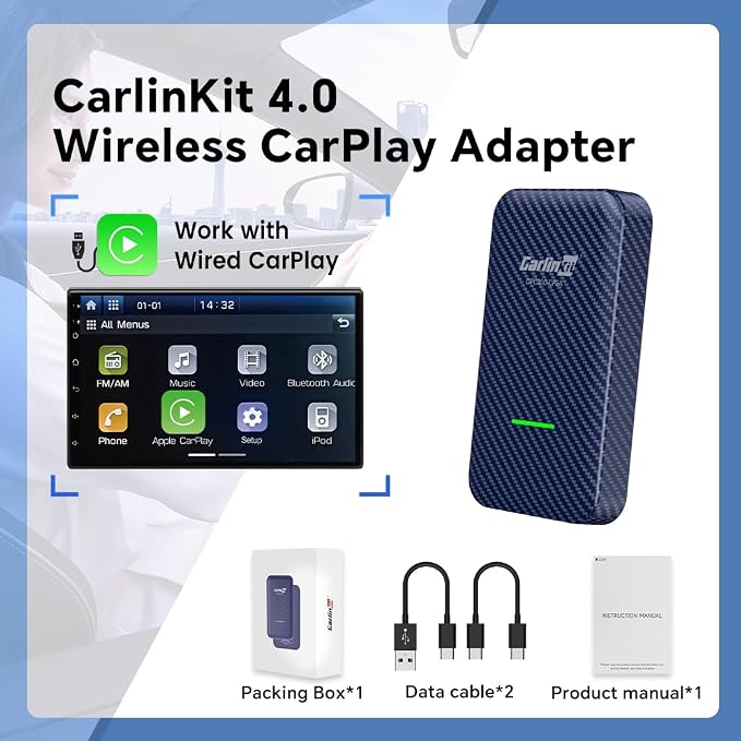 Carlinkit Wireless CarPlay Adapter for iPhone, 4.0 Adapter Convert Wired to Wireless, Support Android Auto, Voice, Music, GPS, Keys, etc. CPC200-CP2A, Blue