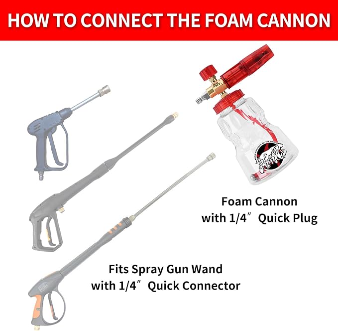BEAR FORCE Pressure Washer Brass Foam Cannon Foam Generator Snow Foam Lance with 1/4” Quick Connector & 1.25mm & 1.10mm Orifice Nozzle, 360° Adjustable Thicker Snow Foam with 32 oz Soap Car Wash