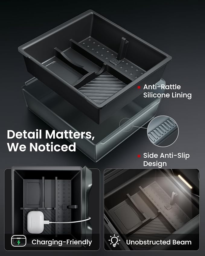 REEVAA Center Console Organizer for Tesla Model Y Juniper 2025-2026 (Premium & Performance), Model 3 Highland 2024-2026 All Trims [Dual-Tier Storage, Seamless Fit], Premium Silicone Liner, 4PCS, Black