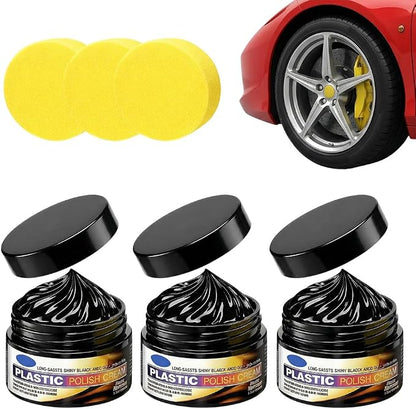 Tire Wax Tire Coating Paste,Long Lasting Car Tire Shine Nourish Cream,Waterproof & UV Protection,Plastic Trim Restorer Black with Sponge Applicator, for Car, Truck, Motorcycle, RV & More (100g-3PC)