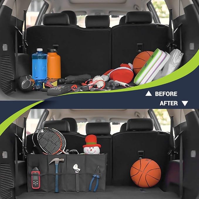 MIU COLOR Trunk Organizer for Car, Car Organizer, 8 Mesh Pockets Trunk Organizer for SUV, Non-Slip Bottom, Storage Organizer for Sedans, Van, Jeep, Grocery, 2 Compartments, Black 22"x13"x11"