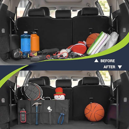 MIU COLOR Trunk Organizer for Car, Car Organizer, 8 Mesh Pockets Trunk Organizer for SUV, Non-Slip Bottom, Storage Organizer for Sedans, Van, Jeep, Grocery, 2 Compartments, Black 22"x13"x11"