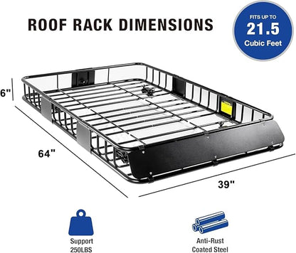 64"x39" Universal Roof Rack Basket Cargo Carrier with 500D PVC Waterproof Cargo Bag,Net&Ratchet Strap, Heavy-Duty Steel Construction, 250Lbs Capacity, Weather-Resistant for All Vehicle