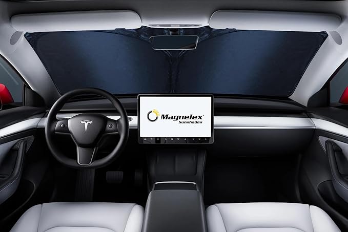 Magnelex Tesla Windshield Sun Shade for Model S 2012-2026 - Reflective Polyester Blocks Heat & Sun, Foldable Car Window Sun Blocker, Mirror Cut-Out, Fade-Resistant Sunshade, Tesla S Accessories