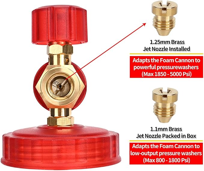 BEAR FORCE Pressure Washer Brass Foam Cannon Foam Generator Snow Foam Lance with 1/4” Quick Connector & 1.25mm & 1.10mm Orifice Nozzle, 360° Adjustable Thicker Snow Foam with 32 oz Soap Car Wash