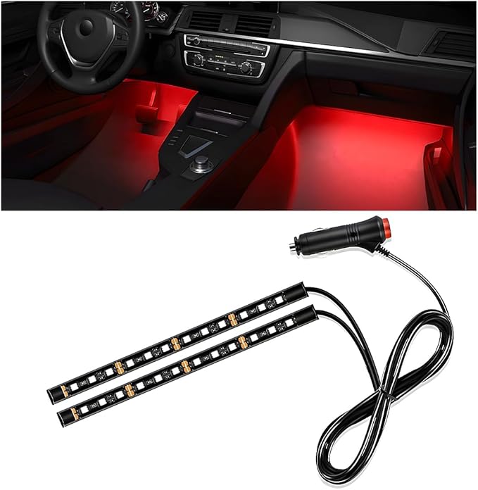 Wevdn Car Interior LED Strip Light, 12V 24 LED Neon Ambient Night Light with Cigarette Lighter Plug, Automotive Atmosphere Decorative Under Dash Lighting Kit, Car Accessories (Red)