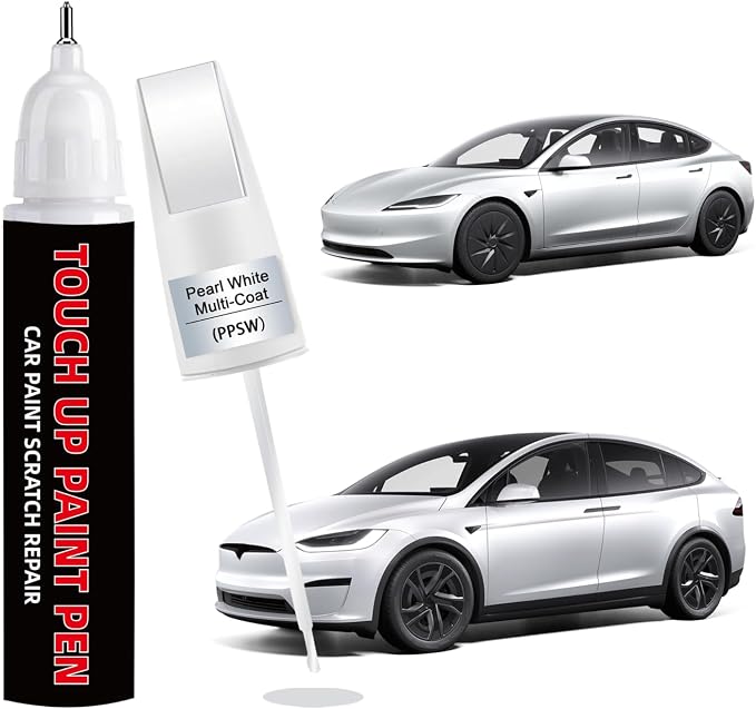 Pearl White Multi-Coat(PPSW) Car Touch Up Paint for Tesla 2-in-1 Car Scratch Repair Pen with Fine Tip&Brush, DIY Color-Code Matched Auto Paint for Rock Chips Door Scratches Paint Nicks Bumper Marks