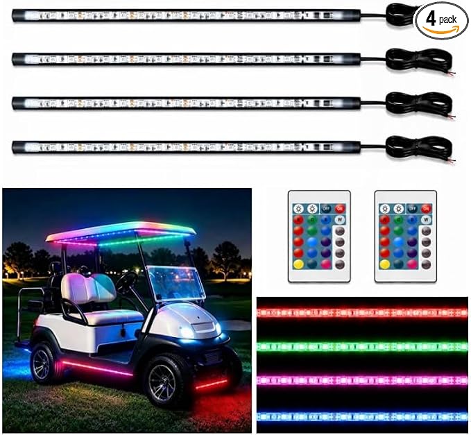 12V RGB Led Strip Light with Remote, 4 Pcs 20" Super Bright Car Lights Strip IP67 Waterproof Golf Cart Underglow Lights for Motorcycles Interior Exterior Boat, Built-in Controller, Multi-Color