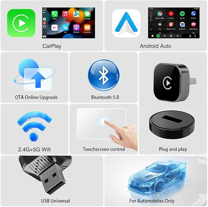 2026 Upgraded Wireless CarPlay & Android Auto Adapter – Convert Wired to Wireless, Plug & Play Compact USB Dongle, Fast Stable Auto Connect, Compatible with iPhone & Android (Silver Square USB)
