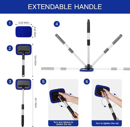 Qydipclin 11pcs Windshield Cleaner Tool, Car Window Cleaning Wash Kit with 6 Reusable Microfiber Pads 2 Spray Bottles and Extendable Handles Auto Glass Wiper Kit, Blue