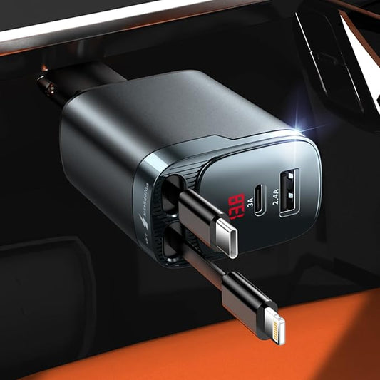 Retractable Car Charger, 4 in 1 Car Charger USB C Fast Charge, Cigarette Lighter USB Charger, Travel Essentials Car Accessories Gifts for Men Women for iPhone 17 16 15 14 13 12 Pro Max, Samsung