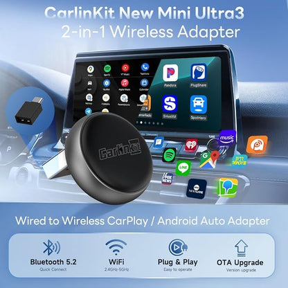 Carlinkit Wireless CarPlay Adapter & Android Auto Mini Ultra3, 2-in-1 Mini USB Design with OEM Car Models, Plug and Play/Low Latency Portable/Auto Connect, Compatible with iOS 10+ & Android 11+