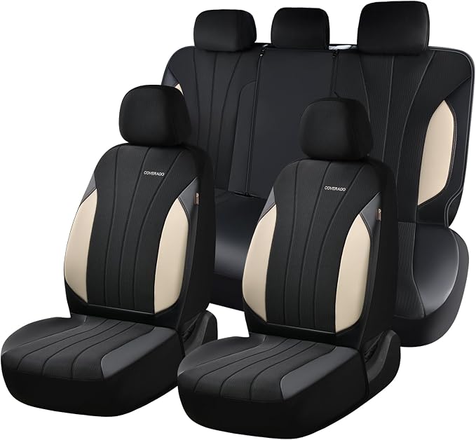 Coverado Car Seat Covers Full Set, 5 Seats Waterproof Nappa Leather Automotive Seat Protectors, Front & Rear Luxury Mesh Seat Covers, All-Weather Universal Fit for Most Cars SUVs, Trucks,Beige&Black