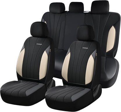 Coverado Car Seat Covers Full Set, 5 Seats Waterproof Nappa Leather Automotive Seat Protectors, Front & Rear Luxury Mesh Seat Covers, All-Weather Universal Fit for Most Cars SUVs, Trucks,Beige&Black