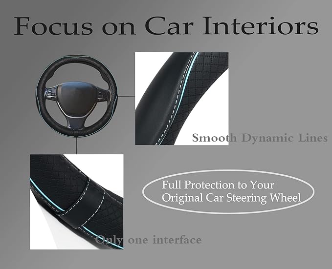 Car Steering Wheel Cover,Anti-Slip, Safety, Soft, Breathable,Heavy Duty, Thick,Full Surround,Sports Style (Black with Light Blue Line)