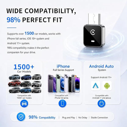 2-in-1 Wireless CarPlay Adapter for iPhone iOS & Android 11+, Plug and Play, Fast Auto-Connect, Realtek 8730E Chip Stable & No Latency, Wired to Wireless Adapter with USB-A/Type-C Port (CM101)