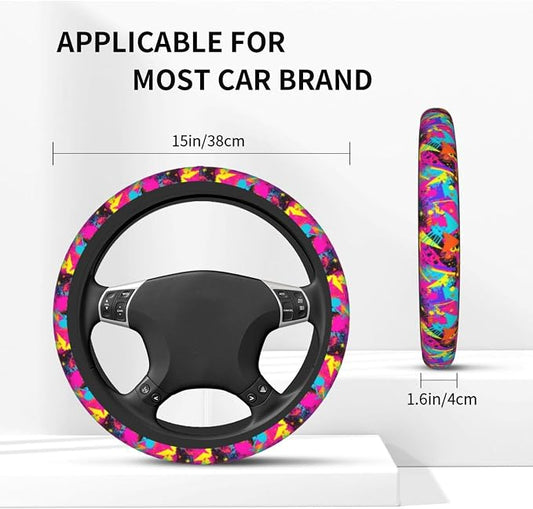 Retro 80s 90s Steering Wheel Covers Non Slip Neoprene Universal 15 Inch Steering Wheel Protector Car Cover for Men Women