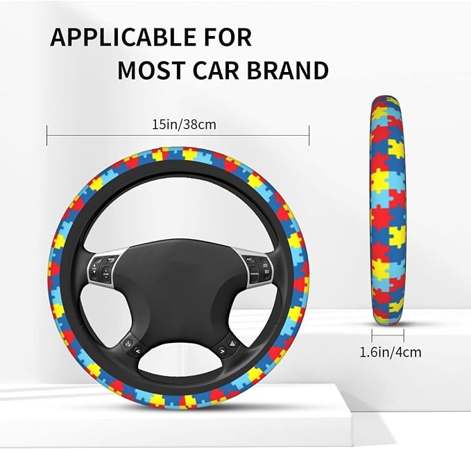 Autism Puzzle Steering Wheel Covers Non Slip Neoprene Steering Wheel Protector Cover Universal 15 Inch for Men Women