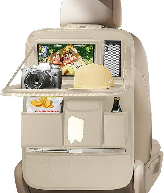 XDV Car Seat Organizers,Multi-functional Back Seat Protectors, Storage Pouches, and Tray Holders (for Cars, Kids, Seat Back and Rear Seats) (Plain Beige, 1 Pcs)