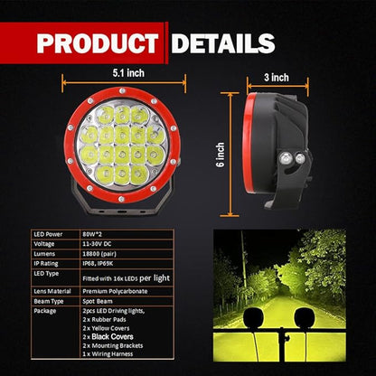 BIGLION.X 5Inch 2Pcs 160W Red Round Offroad Lights 18800LM Super Bright Amber Offroad Driving Lights Yellow Work Lights Waterproof IP68 12V 24V with Wiring Harness for Trucks Pickup ATV UTV SUV