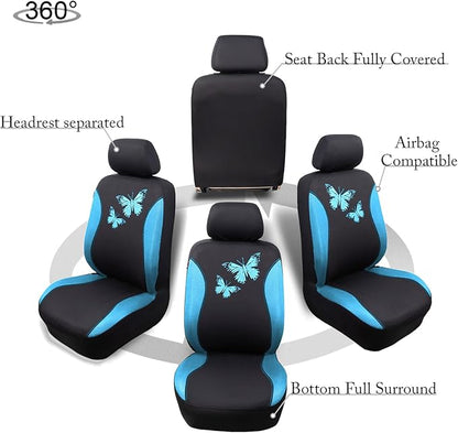 Flying Banner Butterfly car seat Covers ful Set Fashion Universal Lady Woman Female Rear Bench Split Colorized (Full Set, Mint Blue)