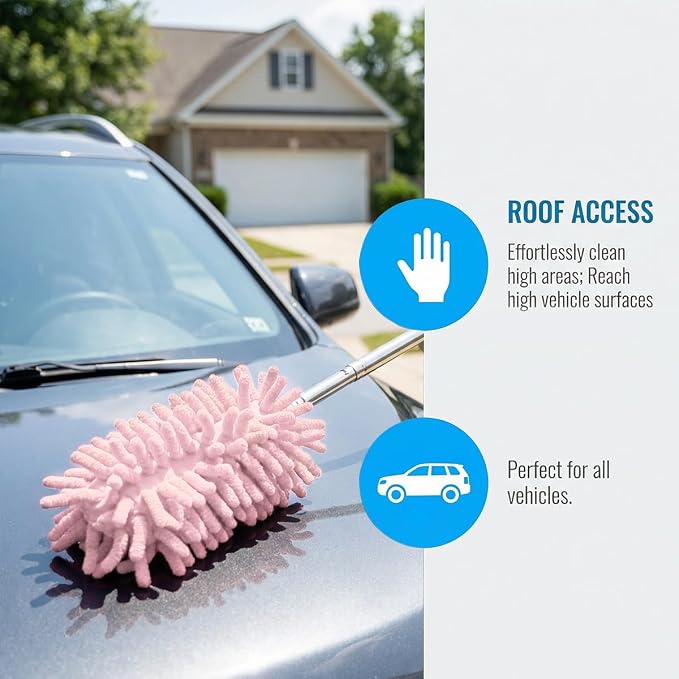 2PCS Car Interior Duster with Extension Pole, 9.45" to 28.35" Microfiber Soft Vehicle Dash Dusting Detailing Wash Brushes, Automotive Dash Cleaning Tool, Universal for SUV RV Truck (Pink)