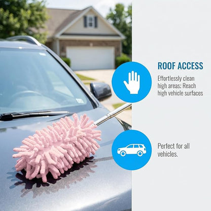 2PCS Car Interior Duster with Extension Pole, 9.45" to 28.35" Microfiber Soft Vehicle Dash Dusting Detailing Wash Brushes, Automotive Dash Cleaning Tool, Universal for SUV RV Truck (Pink)
