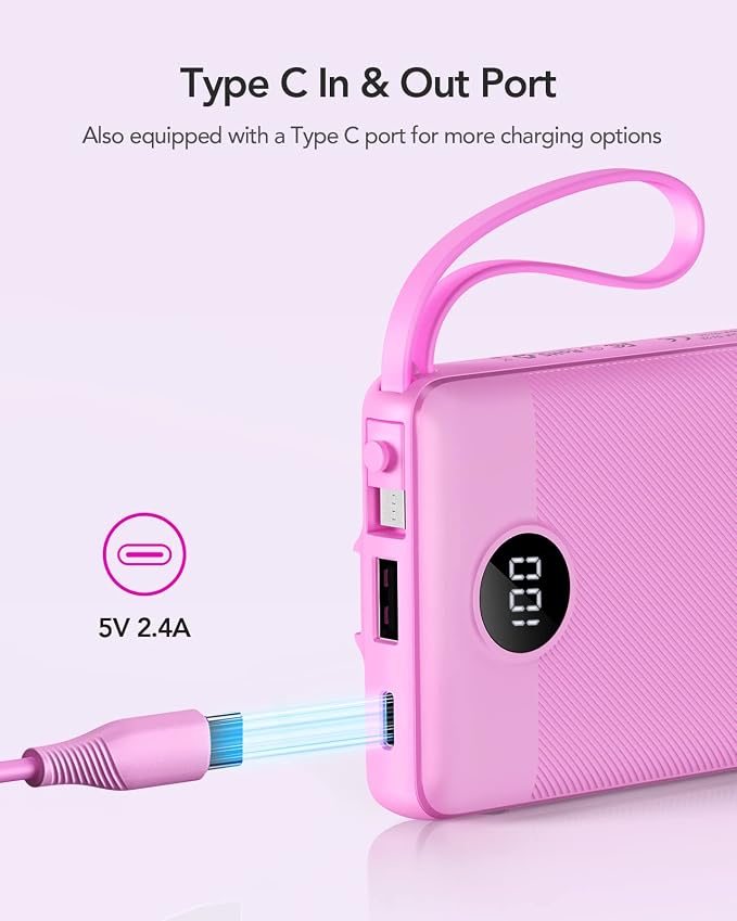 VRURC Portable Charger, Built-in 4 Cables Power Bank 10000mAh, Lightweight USB C Portable Phone Charger, 5 Output 2 Input Compatible with Smart Phones,Samsung,Android etc-Purple(1 Pack)