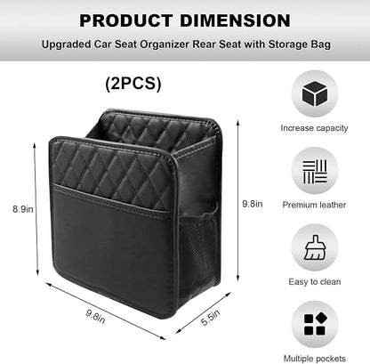 2 PCS Car Back Seat Organizer, Foldable Leather Backseat Hanging Storage Bag with Adjustable Strap, Multifunction Seat Back Organizer Large Capacity Storage Bag with Mesh Pocket