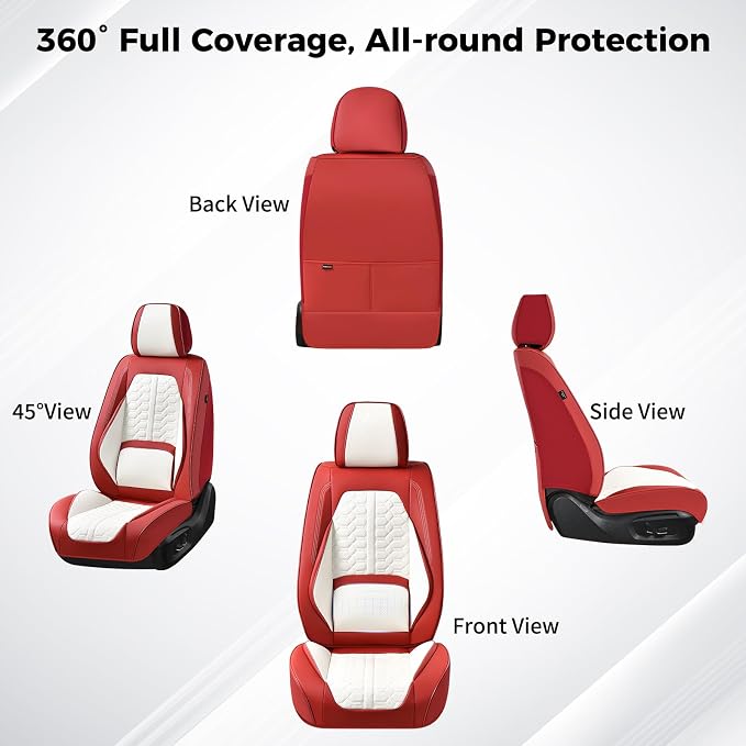 Huidasource Leather Seat Covers Universal Fit for Most Cars SUV Trucks, Waterproof Full-Cover Seat Covers Front Seat, Car Seat Cushion Cover Protector with Lumbar Support, Red & White