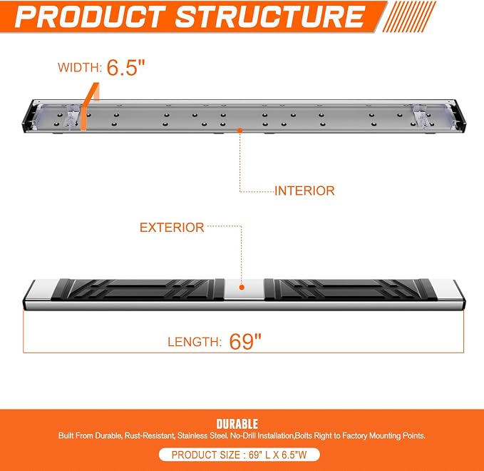 PM PERFORMOTOR 69" Running Boards Compatible with Nissan Rogue 2014-2020, Pair of Stainless Steel Side Rails Step Bars with 4 pcs brackets, Polished Chrome/Black