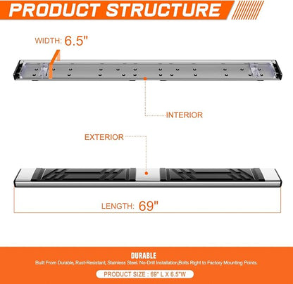 PM PERFORMOTOR 69" Running Boards Compatible with Nissan Rogue 2014-2020, Pair of Stainless Steel Side Rails Step Bars with 4 pcs brackets, Polished Chrome/Black