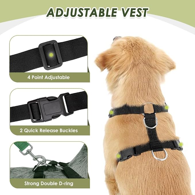 Lukovee Dog Car Harness Seat Belt, Adjustable Mesh Breathable Vest with Elastic Bungee Tether, Soft Padded 2-in-1 Safety Car Harness Seatbelt for Small Medium Large Dogs (Green,M)