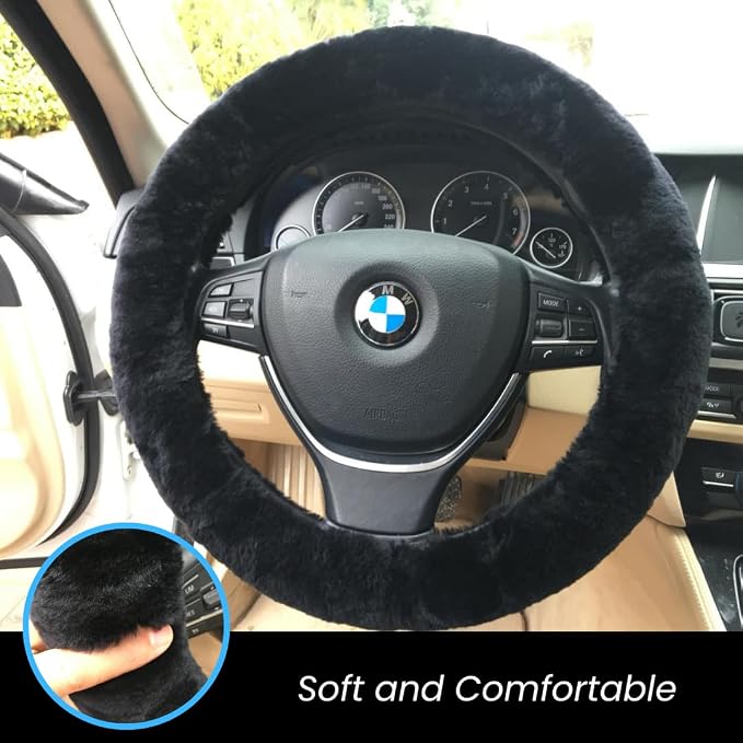 Andalus Brands Luxury Fluffy Car Steering Wheel Covers – Genuine Merino Sheepskin, Soft Fuzzy Car Steering Wheel Cover for Women, Universal 14.5-15" Size, Plush Fur Cute Auto Accessories, Black