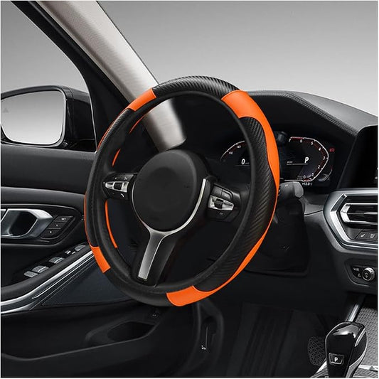 DXNQ Car Steering Wheel Cover, 15 Inch Carbon Fiber Leather Stitching Color Steering Wheel Protector, Anti-Slip Elastic Breathable Steering Wheel Cover Stylish Decor for Most Cars (Orange)