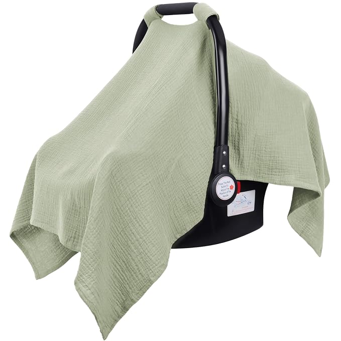 Metplus Muslin Car Seat Cover for Babies, 100% Cotton Breathable Infant Carseat Canopy for Summer, Lightweight Stroller Sunshade Covers for Newborns (Sage)