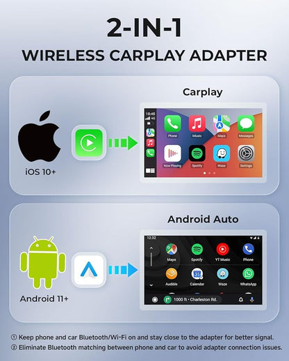 AuroraLink Wireless Carplay & Android Auto Adapter 2-in-1 Fast & Stable Carplay Wireless Adapter Convert Wired to Wireless Car Play Dongle for iOS 10+/Android 11+ (Blue)
