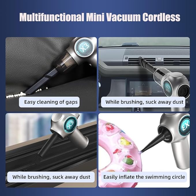 Mini Vacuum Cordless Rechargeable Car Vacuum Cleaner| Handheld Vacuum Cleaner with Strong Suction, Portable Vacuum for Car,Pet Hair,Home,Keyboard,Inflate-Deflate Swim Ring,Dust Buster (Silver)
