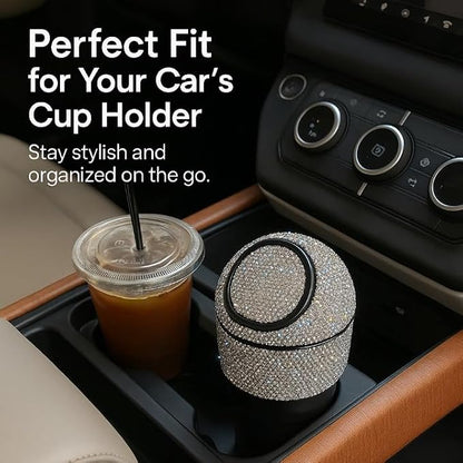 Sakali Bling Car Trash Can with Lid – Diamond Rhinestone Mini Car Garbage Bin for Cup Holder – Sparkly Car Accessory for Women – Small Car Trash Bin for Vehicle Interior