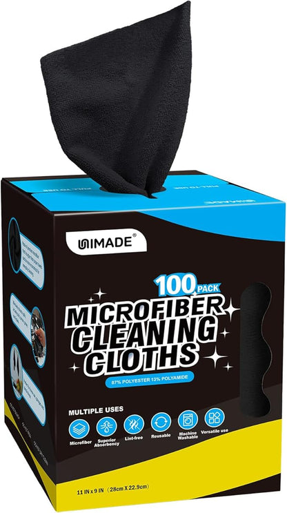 UNIMADE Microfiber Cleaning Cloth, 100 Sheets Microfiber Towels for Cars Commercial Grade Washcloths Lint-Free Bulk Shop Towel Cleaning Rags for Mechanic Restaurant Garage Housekeeping, 11"x 9", Black