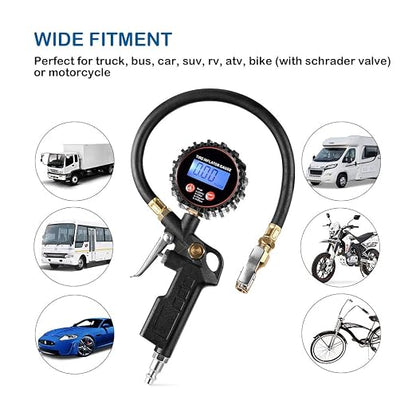 CZC AUTO Digital Tire Inflator Pressure Gauge, LED Display Tyre Deflator Gage with Straight Brass Lock-on Chuck Rubber Hose, Compatible with Air Pump Compressor for Truck Bus RV Car Motorcycle Bike