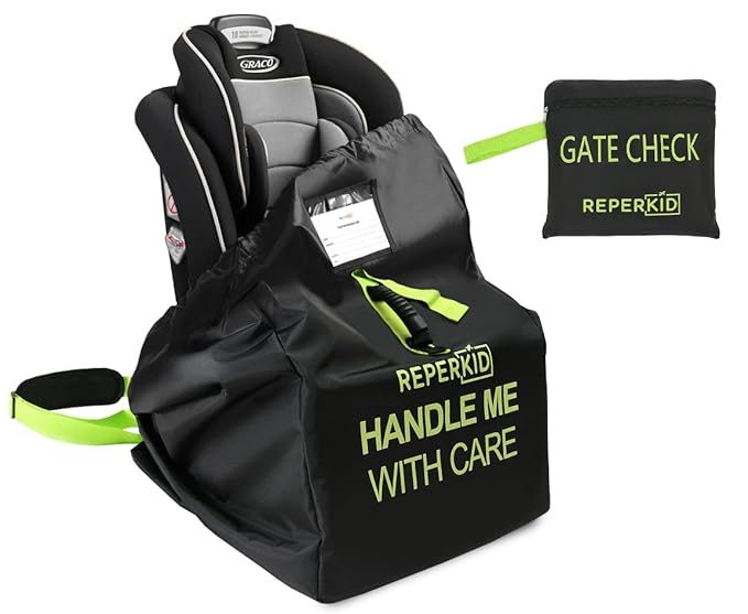 reperkid Car Seat Travel Bag for Airplane, Black and Green, 33" H x 18" W x 18" D, Fits Most Convertible, Booster and Infant Car Seats – Premium Waterproof Cover, Adjustable Shoulder Strap | Adjustable Padded Backpack Straps, Reinforced Stitching, Fits...