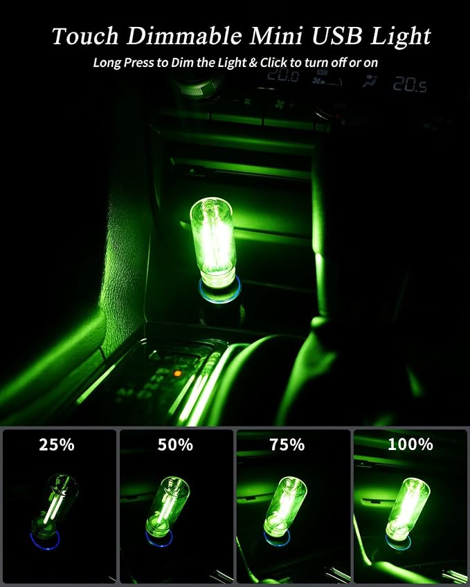 USB Light Touch Dimmable Retro USB Led Lights for Car,Mini USB Light Bulb Ambient Lighting for Car Bedroom Party Christmas Hallway Camping,Green 2Pack