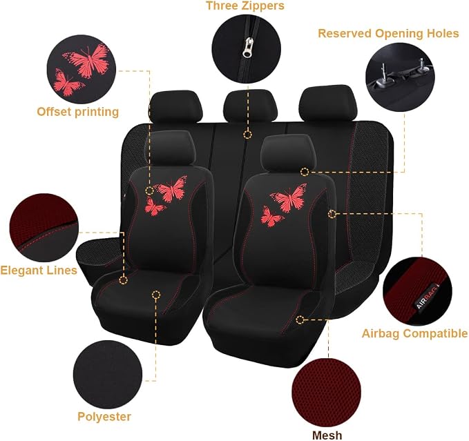 Flying Banner Butterfly car seat Covers ful Set Fashion Universal Lady Woman Female Rear Bench Split Colorized (Full Set, Red Black)
